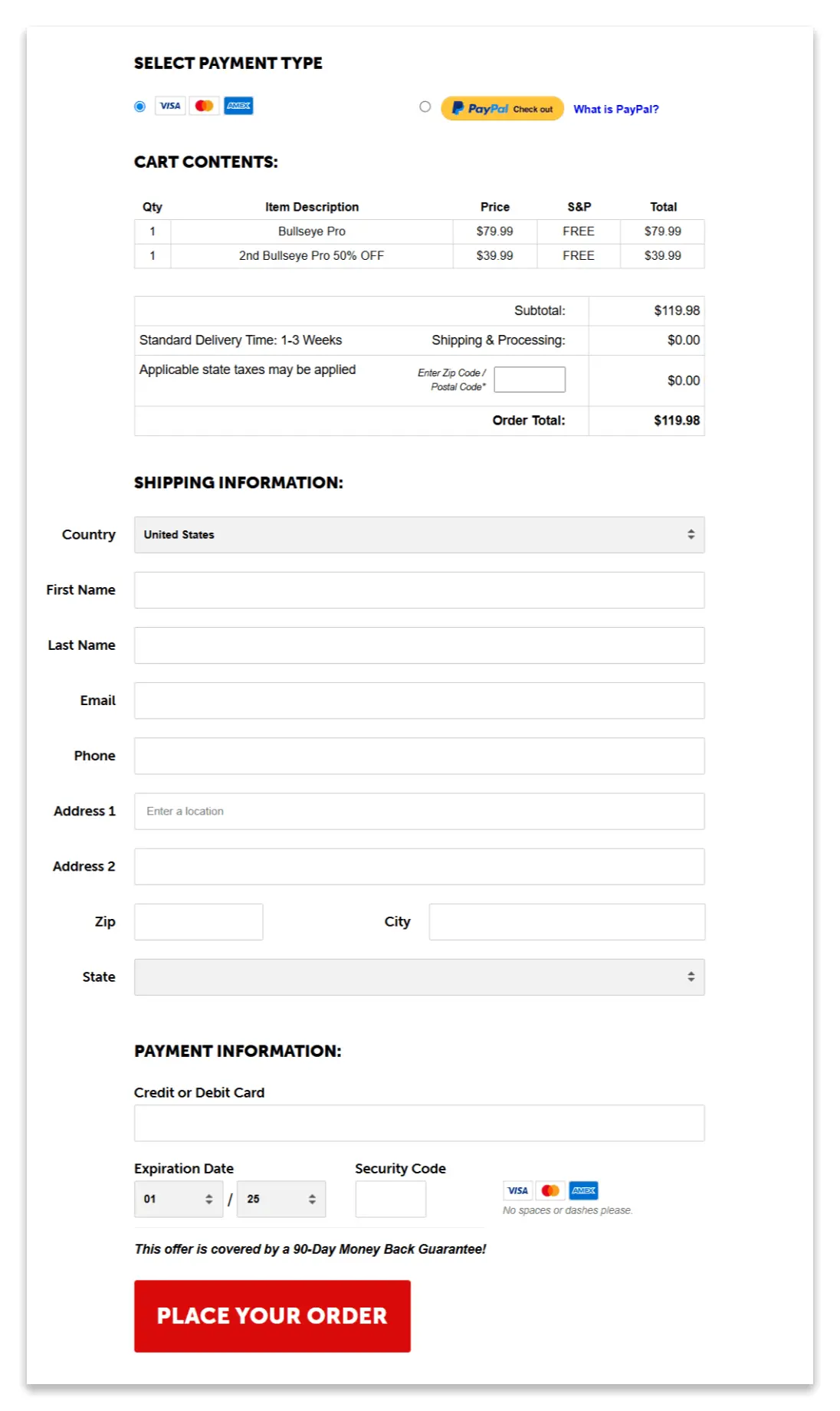 Bullseye Pro secure checkout page